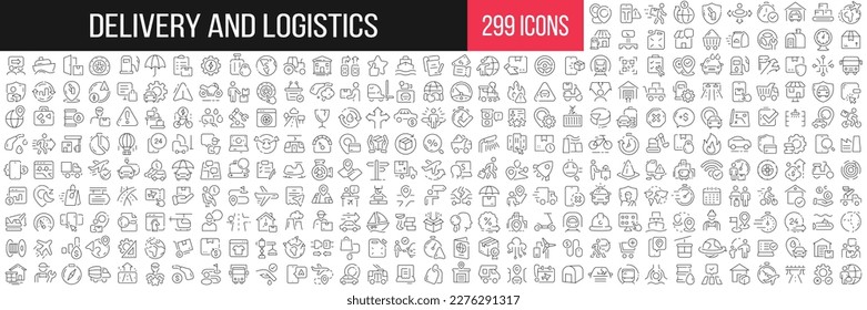 Sammlung linearer Icons für Lieferung und Logistik. Große Menge von 299 dünnen Linien Icons in Schwarz. Vektorgrafik