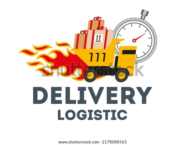 Delivery logistics logo. A cartoon truck is\
carrying parcels