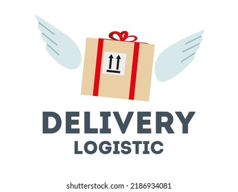Delivery logistics logo. The package box is flying on wings