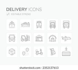 Delivery and logistics outline icon set. Editable stroke.	