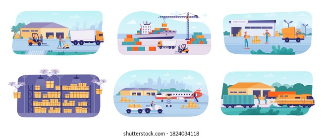 Proceso de logística de entrega, almacenamiento de almacén y envío de paquetes, conjunto plano vectorial. Descarga y carga de paquetes de almacén y contenedores, envío de correo por avión y transporte ferroviario