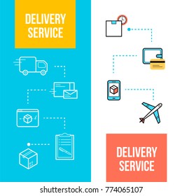 Delivery and logistics service web banners design templates. Transportation icons vector compositions