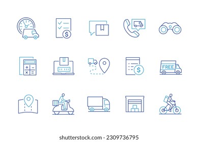 Lieferung und Logistik - Set von modernen Design-Stil-Symbole auf weißem Hintergrund. Geschwindigkeit, Fernglas, Checkliste, Paket, kostenloser Service, LKW, Fahrrad, Kurier, Lager mit Waren und Kisten