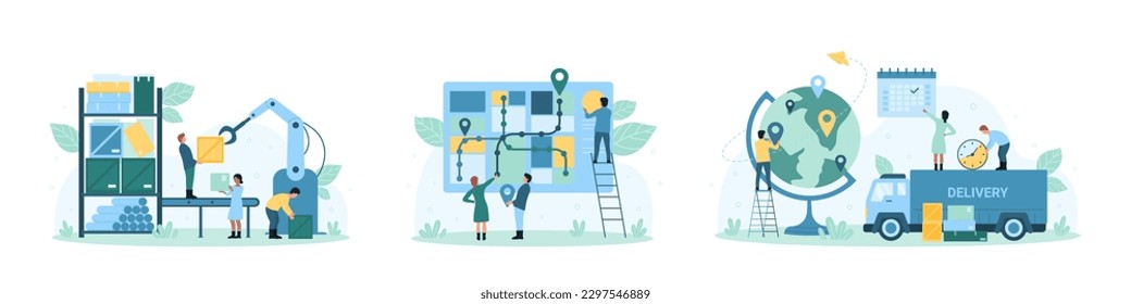 Delivery and logistics set vector illustration. Cartoon tiny people work on automated box distribution in factory warehouse, characters tracking shipping of products on map and globe, pin location