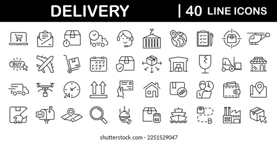 Delivery and logistics set of web icons in line style. Shipping and logistics icons for web and mobile app. Express delivery, courier, package protection, business, tracking, return, customer service