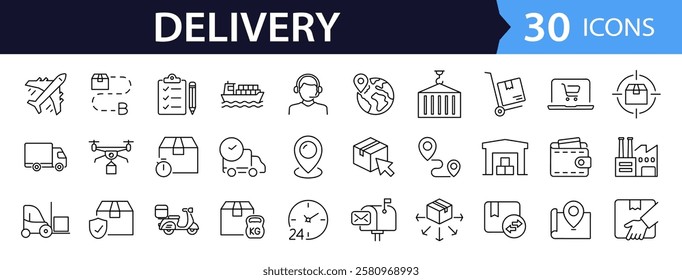 Delivery and logistics set of web icons in line style. Shipping and logistics icons for web and mobile app. Express delivery, courier, package protection, business, tracking, return, customer service