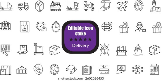 Delivery and logistics set of web icons in line style