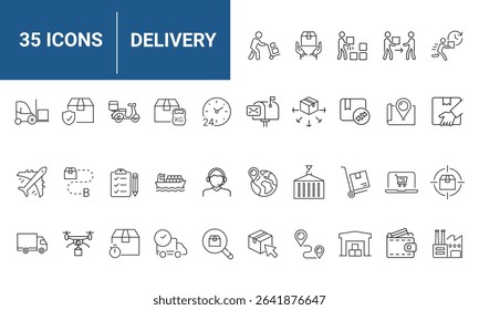 Delivery and logistics set of web icons in line style. Shipping and logistics icons for web and mobile app. Express delivery, courier, package protection, business, tracking, return, customer service