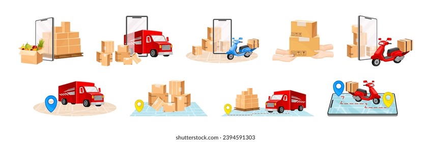 Delivery Logistics and Shipment with Cardboard Box and Transport Vector Set