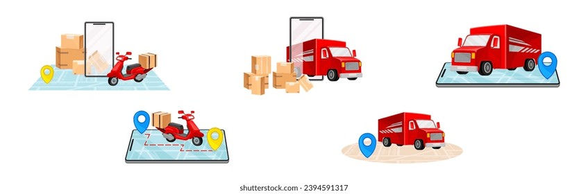 Delivery Logistics and Shipment with Cardboard Box and Transport Vector Set