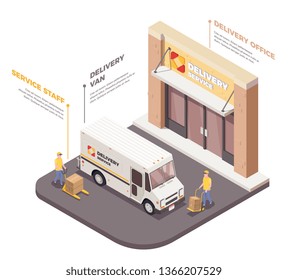 Delivery logistics shipment isometric composition with images of staff members delivery van and infographic text captions vector illustration