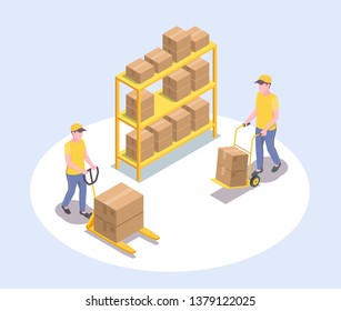 Delivery logistics shipment isometric composition with faceless human characters of two male workers and parcel rack vector illustration