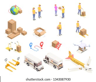 Delivery logistics shipment isometric icons set with isolated images of cardboard boxes and people in uniform vector illustration