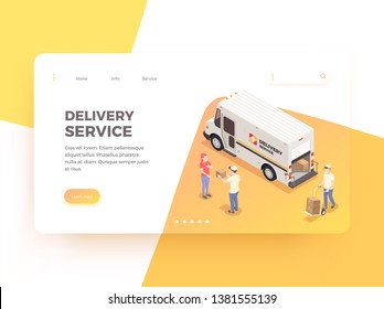 Delivery logistics shipment isometric web landing page design background with clickable links editable text and images vector illustration