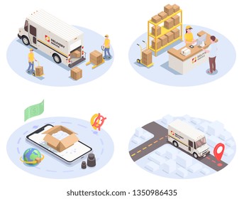 Delivery logistics shipment set of four isometric images with colourful icons pictograms human characters and cars vector illustration