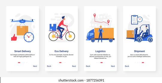 Delivery logistics, shipment technology by various transport vehicle vector illustration. Mobile app page onboard screen set with cartoon flat courier people delivering parcel by drone, truck, bicycle