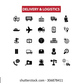 delivery, logistics, shipping, transportation concept isolated black icons, signs, illustrations on white background for web, application, internet