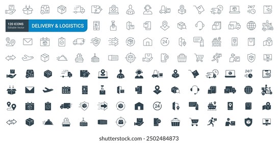 Delivery and logistics solid and line icons set vector