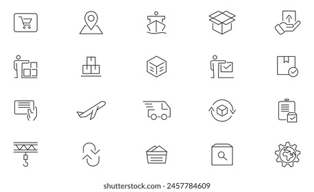 Delivery logistics and supply chain line icons set.  Containing distribution, value chain, shipping, transportation, delivery, cargo, freight, route planning, and supply chain icons collection.