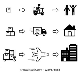 Delivery logistics system flat vector infographic elements.
bike delivery goods to customers. truck to house. products by plane to business model.