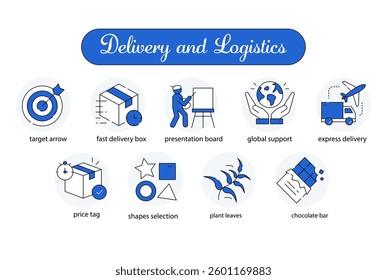 Delivery and Logistics. target arrow, fast delivery box, express delivery, price tag, global support, presentation board, shapes selection, plant leaves, chocolate bar.