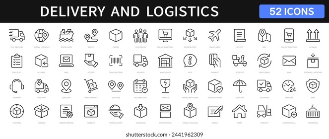 Delivery und Logistics dünne Linie Symbole gesetzt. Lieferung, Versand bearbeitbare Strichsymbol-Sammlung. Vektor