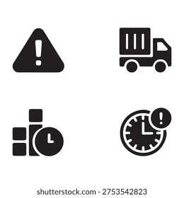 Delivery logistics and time management icons: warning, truck, timely data, and schedule alerts collection