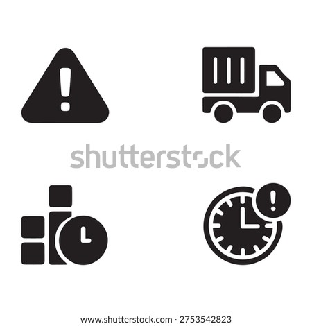 Delivery logistics and time management icons: warning, truck, timely data, and schedule alerts collection
