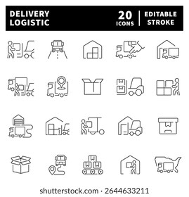 Delivery logistics, tracking and distribution.  Set of Delivery and logistics thin line icons. Distribution, shipping, transportation, delivery
