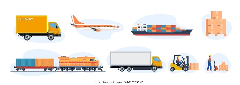 Delivery and logistics transport icons. Cargo freight shipment, parcels storehouse logistics and delivery car, airplane, ship and forklift truck loader. Vector illustration in flat style