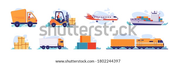 Delivery and logistics transport icons, vector\
shipping and warehouse flat isolated set. Cargo freight shipment,\
parcels storehouse logistics and delivery car, airplane, ship and\
forklift truck loader