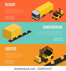 Delivery logistics and transportation isometric vector illustration. Commercial truck, forklift with boxes, cargo storage terminal. Warehouse logistics, delivery business, freight shipping company