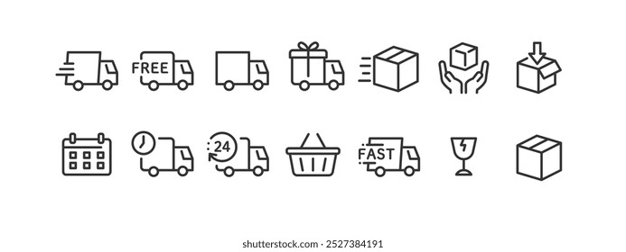 Delivery Logistics Truck Icon Set ( Vector Line Drawing Main Line Transparent Black Simple Online Shop Web Simple )