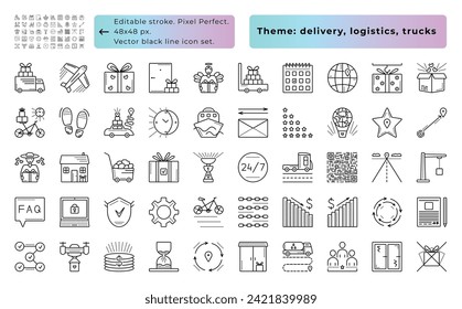 Entrega, logística, camiones. Juego de iconos de línea negra vectorial, 50 signos - 48x48 px (trazo editable, perfecto píxel) y 300x300 px (trazo no editable, perfecto píxel). Todas las capas de pictogramas tienen títulos.