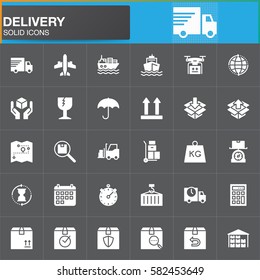 Delivery and logistics vector icons set, modern solid symbol collection, filled white pictogram pack. Signs, logo illustration. Set includes icons as shipping, transportation, tracking, parcel, weight