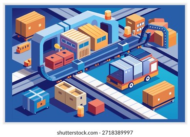 Envío del sistema de Ilustración vectorial de la logística de la entrega, mensajero, almacén, concepto del Transporte