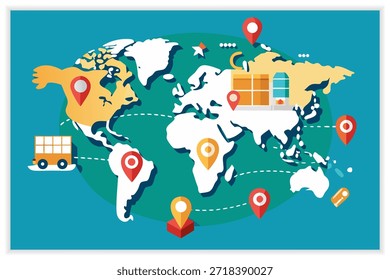 Envío del sistema de Ilustración vectorial de la logística de la entrega, mensajero, almacén, concepto del Transporte