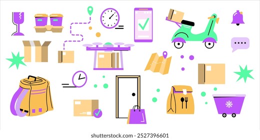 Conjunto de vetores de entrega e logística. Drone, Scooter, Caixa, Courier, Compras Online, Coleção de Envio Rápido.