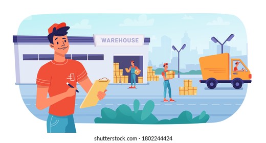 Delivery logistics, warehouse parcel boxes delivering by workers to minibus truck, vector flat design. Post mail or cargo freight boxes logistics and shipment process, warehouse loading and unloading