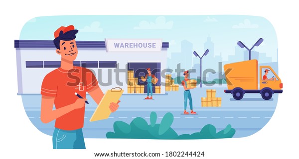 Delivery logistics, warehouse parcel boxes\
delivering by workers to minibus truck, vector flat design. Post\
mail or cargo freight boxes logistics and shipment process,\
warehouse loading and\
unloading
