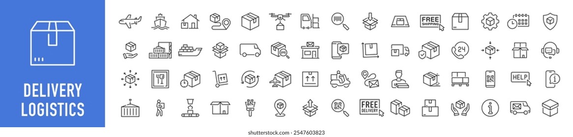 Delivery and logistics web icons in line style. Courier, shipping, express delivery, warehouse, truck, scooter, container, tracking order, support, business collection. Vector illustration.