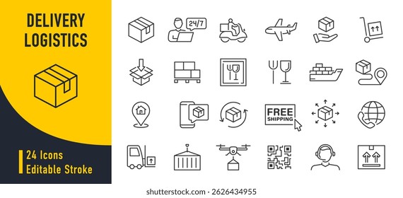 Delivery and logistics web icons in line style. Courier, shipping, express delivery, warehouse, truck, scooter, container, tracking order, support, business collection. Vector illustration.