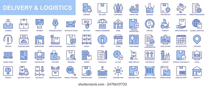 Delivery and logistics web icons set in duotone outline stroke design. Pack pictograms with package, destination, air shipping, order, processing, courier, payment, parcel, cargo. Vector illustration.