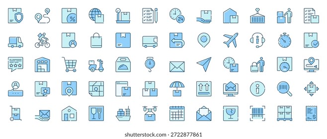 Lieferlogistik Web-Icons im Line-Design gesetzt. Duotone Piktogramm Paket von Paket schützen, Route, Verteilung, globale Versand, Lager, Kurier, mehr Umriss Strichzeichen. Vektorgrafik.