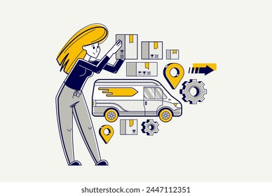 Delivery and logistics, woman manager is preparing boxes and parcels for fast and free delivery, courier using van, order and receive goods in online shop or market.