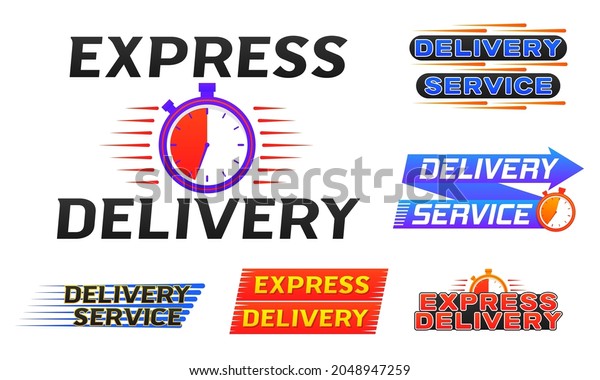 Delivery logo banner. Fast shipping with timer with\
inscription on white background. Express delivery icon for apps and\
website. Quick shipping icon  with stopwatch. Vector illustration,\
eps 10. 