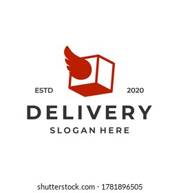 Delivery logo concept with box and wing element. courier / package design template. Vector illustration