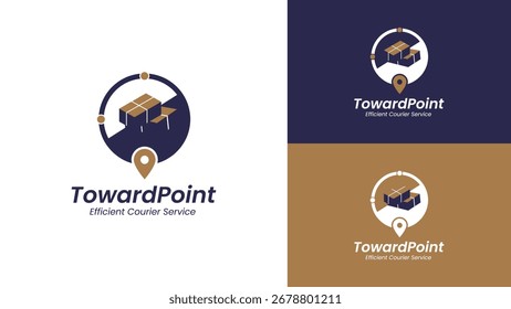 Logo-Design mit Box und Navigationssymbol. Courier Service-Logo mit Paket- und Standortpin.