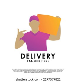 delivery logo design with delivery man or courier Premium Vector