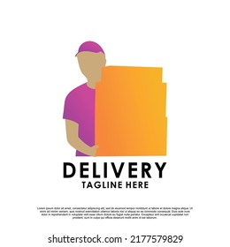 diseño de logotipo de entrega con distribuidor o mensajero Premium Vector